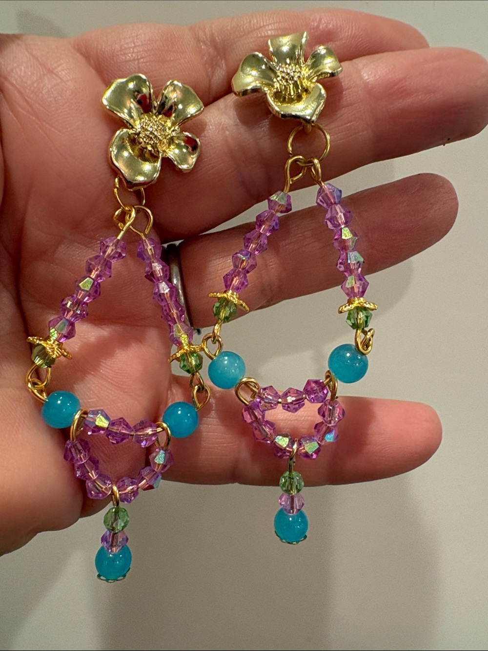 Light Amethyst, Turquoise & Green Hand Beaded Earrings-NWT